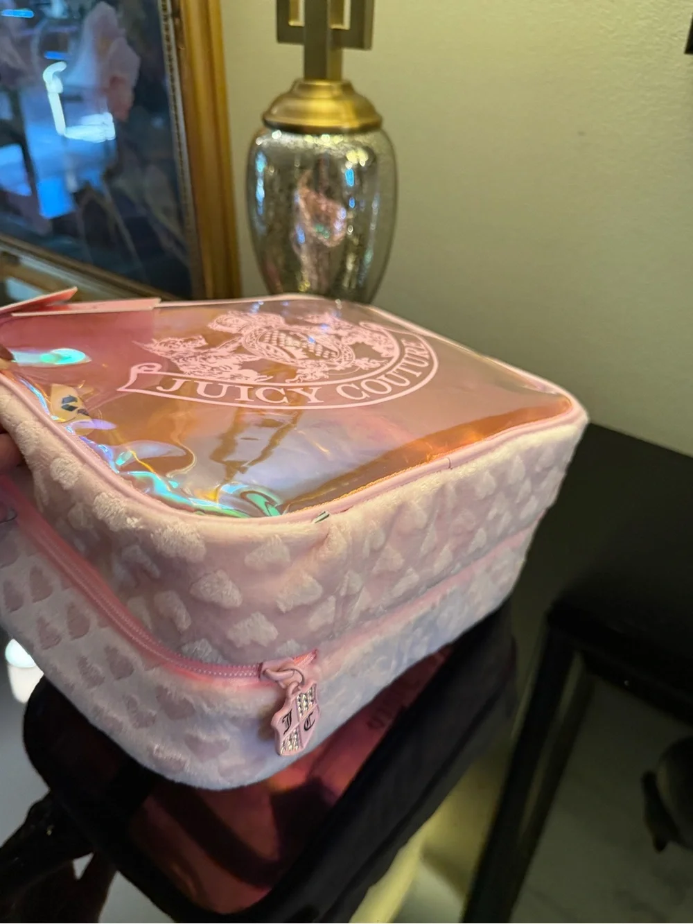 NWT Juicy Couture Iridescent Pink Cosmetic Train Case Scottie Dogs
